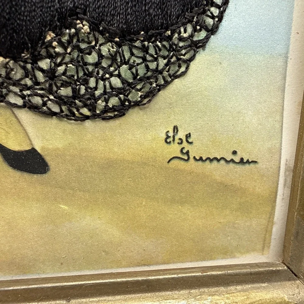 Antique Embroidered Framed Picture Women In Black Gown Signed